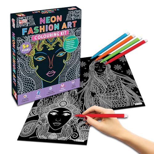 Little Berry Canvas Neon Fashion Mandala Art Coloring Kit for Adults & Kids - 24 Sheets, Sketch Pens & Glitter Tubes - Gift & Creative Fun- BachcheCompany.com